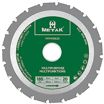 METAK HM Hoja de sierra circular multifunción 185 x 30 mm para madera, metal, aluminio | Hoja de sierra multimaterial 185 mm 20 dientes para acero | Anillo reductor de 30 mm incluido
