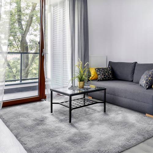 SOANNY Living Room Rugs, Soft Fluffy Area Carpet for Bedroom Dorm Nursery Bedside Kids Room Lounge Office, Luxury Tie-dyed Shag Washable Throw Rug for Home Decor, Light Grey, 120x180 cm
