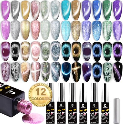 Clara Colors Cat Eye Gel Nagellack, 12 Farben, holografisches Glitzer Cat Eye Gel Nagellack Set mit Magnet, romantische GalaxySerie langlebig Soak Off UV LED Magnet