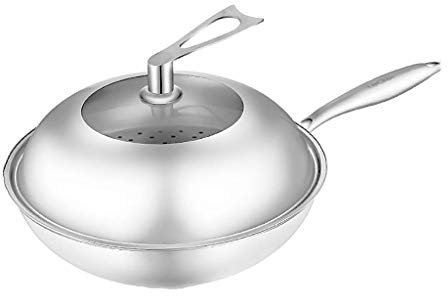 Wok para inducción Cocina de Inducción de acero inoxidable 304 Wok Sartén antiadherente Olla de humos sin recubrimiento Estufas de gas Wok de 32 cm