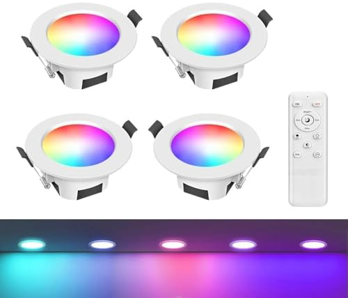 GEYUEYA Home Led Spots 230v 4er Set, Led 230v 9W RGBCW WLAN/Bluetooth Einbaustrahler Kit mit Fernbedienung, Spots Deckenleuchte, Deckenspots für Küche Wohnzimmer Schlafzimmer（Weißes Gehäuse）
