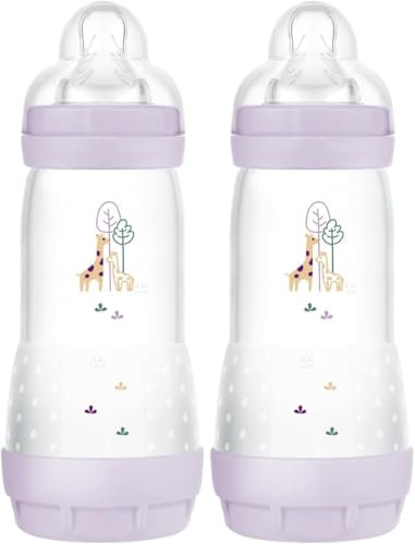 MAM Easy Start Anti-Colic Baby Bottles | 2 Pack (2 x 320ml) | Self-Sterlising | Fast Flow MAM Teats Size 3 | Baby Accessories | Pink (Various Designs)
