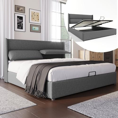 Skcess Polsterbett Doppelbett Mit Verstellbare Kopfstützen,Stauraumbetten Bettgestell Aus Leinenmaterial Jugendbett 160X200 Mit Lattenrost(Ohne Matratze)