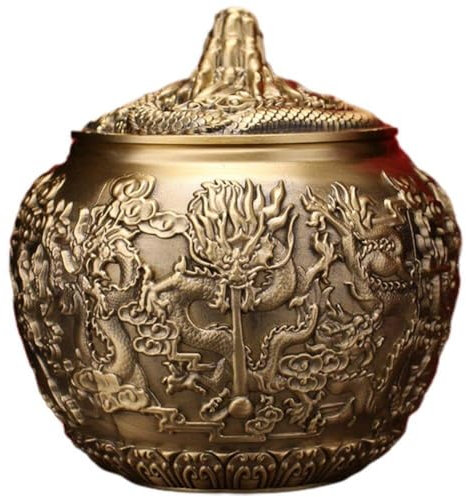 Haowul Pure Copper Tea Jar Vintage Storage Tea Tins Traditional Tea Container with Cover Embossed Tea Tank for Home Decor