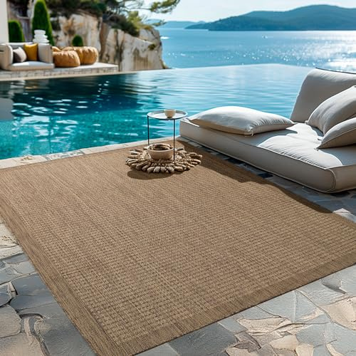 HomebyHome In- & Outdoor Teppich Wetterfest 120 x 170 cm Einfarbig Braun - Waschbar, Wasserfest, Pflegeleicht und Flachgewebe - Ideal für Balkon, Garten, Terrasse und als Küchenteppich