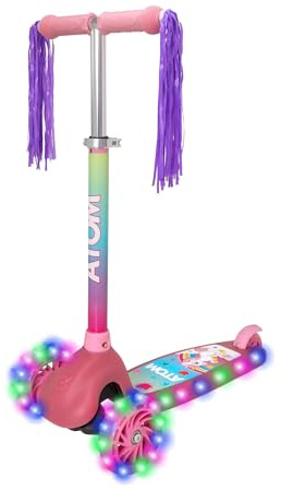 ATOM Unicorn Eclipse Light-Up 3 Wheel Scooter Ride | Kids Kick Scooter Toy with Adjustable Handlebar | For Boys and Girls Ages 3-12 | LED Wheels & Lean-to-Steer Design