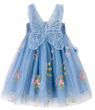 Miipat Baby flicka tyll fjäril ungdom flicka ärmlös broderad blomma prinsessa klänning bröllopsfest födelsedagsklänningar för flickor, Blå dimma, 4-5 ans