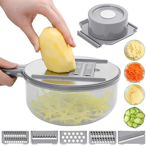 9 in 1 Multifunktionale Mandoline Hobel Reibe; Hobel mit Behälter; Reibe mit Behälter; Gemüsehobel Reibe; Gemüseschneider mit Behälter (Grau)