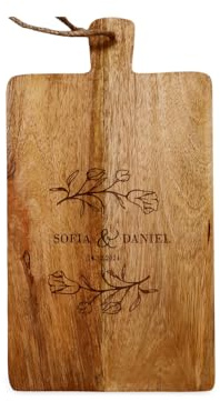 DekorStudioDe Personalisierbares Schneidebrett aus Mangoholz mit Gravur – Hochzeit Geschenk, Namens- und Datumsgravur, mit natürlicher Ölung, rustikales Design