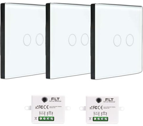 Kit de interruptor inalámbrico – 3 mando a distancia de pared doble luz + 2 mini receptor incorporado – Va y viene sin trabajo – Control remoto táctil – Interruptor de radio RF 433 MHz