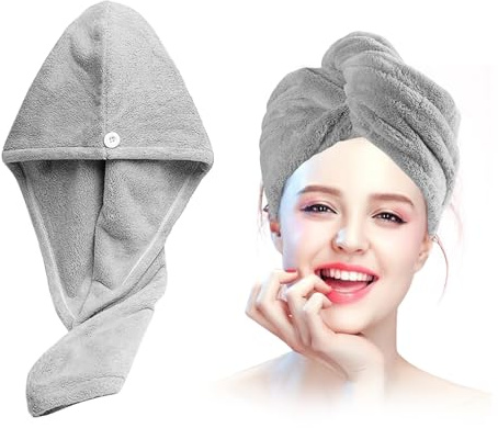 Xkzhrr Haarturban, 2 Stück Mikrofaser Haartrockentuch mit Knopf, Turban Handtuch für Lange Haare, Super Saugfähig, Schnell Trocknendes Kopftuch Handtuch, Grau