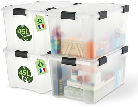 Iris Ohyama Luftdichte Kunststoff-Aufbewahrungsboxen mit Deckel, 45L, 4er-Set, Transparent, Hermetischer wasserdichter Verschluss, Robuste Schnappverschlüsse, Stapelbar, Staubschutz, BPA-frei, WSB-45
