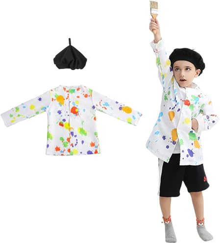animacoser Costume de peintre pour enfant - Chapeau haut - Salopette - Carnaval - Maquillage