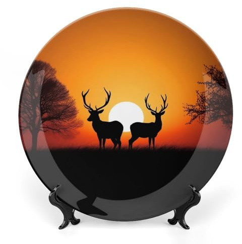 Dekorative Teller aus Knochenporzellan, 20,3 cm, Natur-Sonnenuntergang, Hirsch, bedruckt, Keramik, Essteller mit Ständer, Keramik, hängende dekorative Teller für Küche, Esszimmer, Weinschrank,