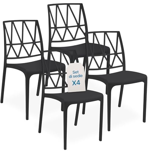 Tomaino - Sedia in Plastica Da Cucina Vague - Set 4 Sedie Plastica Impilabili Per Esterno e Interno - Sedie per Giardino, Soggiorno, Balcone o Bar - Nero