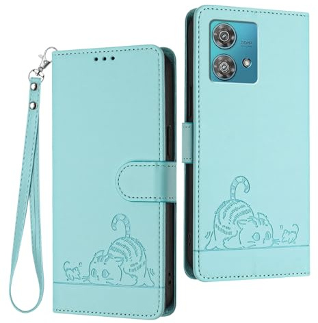 WBWONE Funda Cuero para Motorola Moto Edge 40 Neo Cartera Magnética Carcasa RFID, Ranuras Tarjetas/Soporte Plegable Patrón Gato Diseño - Verde Claro