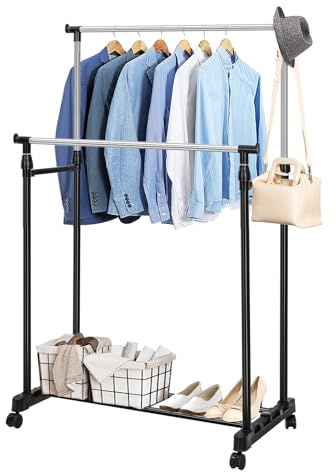 M.J COMFY-LIFE Clothes Rail with Wheels Extendable Clothes Rack Small Portable Clothing Rail for Bedroom Hanging Rail Adjustable Dress Coat Rack Tidy with Storage Stand (Black, Double rail)