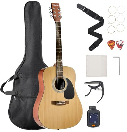 VEVOR Dreadnought Acoustic Guitar, 41 in, 6-String Natural Solid Spruce Top Guitar, Beginner Bundle with Gig Bag, Tuner, Strap, Strings, Picks, Capo, Rosewood Fingerboard, for Adults Taller Players
