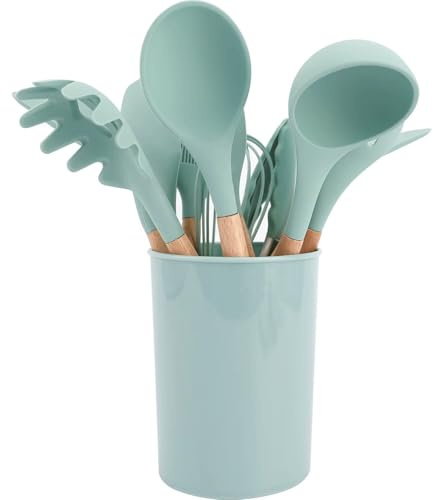 Silicone Kitchen Utensil Set, 12 Pieces, Wooden Handle, Heat Resistant, Non-Stick, Dishwasher Safe (Mint)