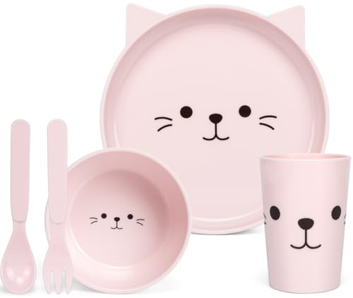 PHEENOWL Dinnerware Set for Kids - 5-Piece Kitten-Themed Includes Plate, Bowl, Cup & Utensils | BPA-Free, Microwave & Dishwasher Safe | Ideal Gift for Girls (Pink - Kitten)