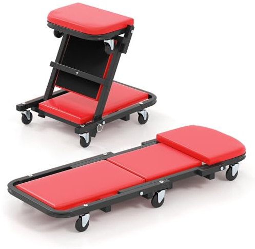 COSTWAY 2 in 1 Rollbrett Werkstatt, Montagerollbrett mit 6 Rollen & gepolstertem Sitz, KFZ-Rollbrett bis 160 kg Belastbar, Montageliege Werkstatthocker für Garage, 102 x 40 x 14 cm (Rot)