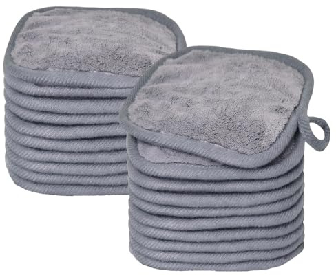 Lot de 20 lingettes démaquillantes lavables en microfibre 16 x 16 cm, gants de toilette pour le visage, pour les cosmétiques quotidiens, gris