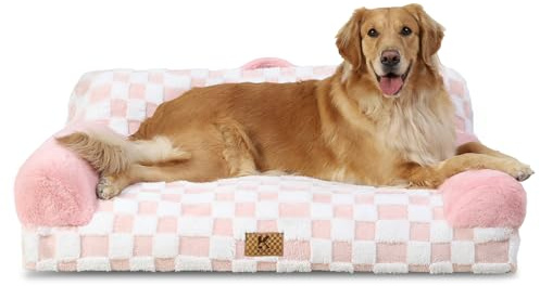 KSIIA Orthopädisches Katzenbett Flauschig 104x69cm, Abnehmbar Katzensofa Hundebett Waschbar, Hundesofa für Groß Hunde mit Rutschfester Unterseite, Hundecouch mit Rückenlehne und Armlehnen, Rosa