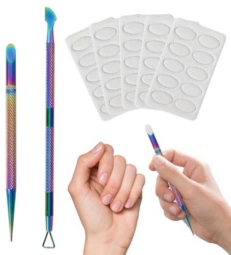 2 Repousse-Cuticules à Double Tête en Acier Inoxydable avec 50 Papiers Abrasifs Autocollant, Grattoir à Cuticules en Métal, Poussoir à Ongles Cuticules, Pousse de Manucure Grattoir à Cuticule