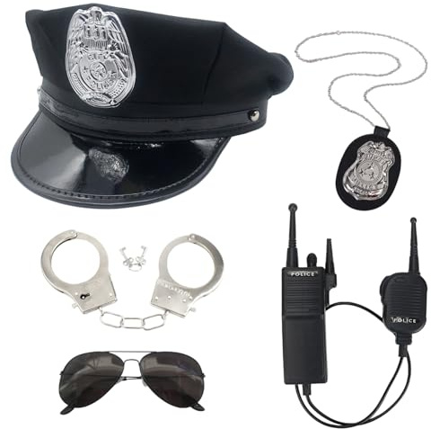 5 Stück Polizei Kostüm Zubehör Set: Polizeimütze, Walkie Talkie, Handschellen, Polizeimarke, Pilotenbrille, Unisex – Ideal für Karnevalskostüme, Festivals, Halloween und Alle Arten von Partys
