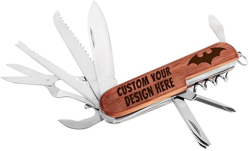 RoPox Personalisiertes Klappmesser, Mit Text/Logo individualisierbar, Taschenmesser aus Holz, Klinge aus Edelstahl, Multifunktionales Klappmesser, ideal für Outdoor Aktvitäten