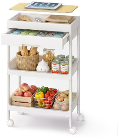 SONGMICS 3-Tier Storage Trolley, Rolling Trolley on Wheels, Serving Utility Cart with Removable Tray, Drawer, and Plastic Shelves, Easy Assembly, for Kitchen, White and Golden Oak BSC069W101