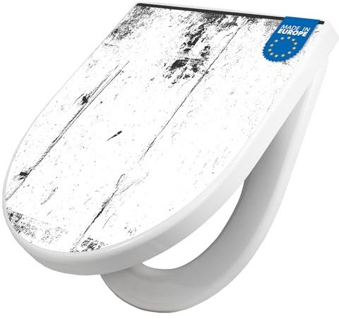 banjado WC Sitz mit Absenkautomatik D Form - Toilettendeckel mit Absenkautomatik D Form - Klodeckel Softclose - stabile Klobrille - Toilettensitz Weiß - Motiv Verwitterte Wand