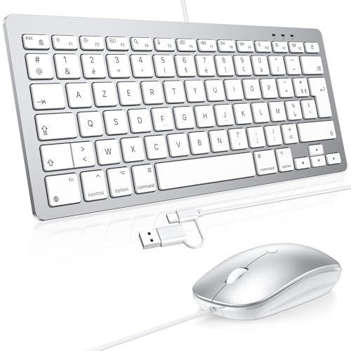 OMOTON Clavier et Souris Filaire pour Mac, USB et Type-C, AZERTY FR | Clavier et Souris pour MacBook Pro/Air, iMac, Mac Mini, Clavier Compact Silencieux, 2400DPI, Portable, Ultra-Fins