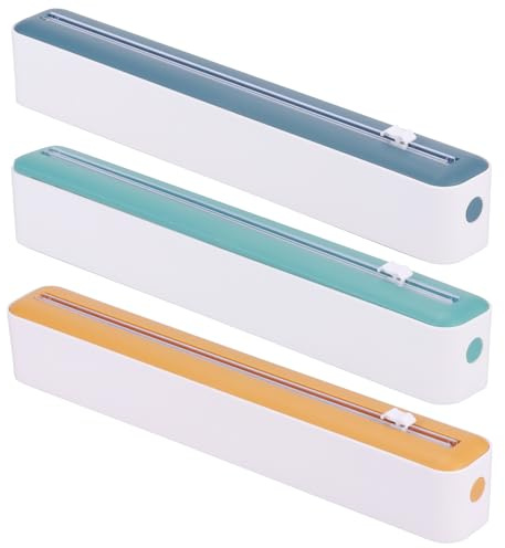 3Pcs Plastic Wrap Dispenser with Slide Cutter, Practical Food Wrap Dispenser Refillable Cling Film Dispenser with Suction Cup and Suction Lock Buckle Reusable Cling Wrap Dispenser 37 x 5 x 7 cm