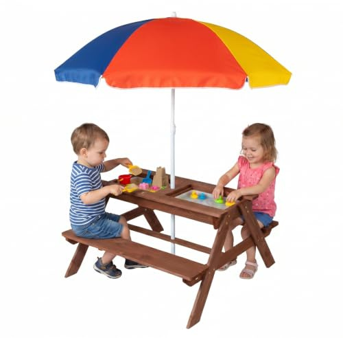Bonnlo Kids Picnic Table with Umbrella, 4-in-1 Wooden Sand and Water Play Table & Bench Set, Outdoor Sensory Table for Toddlers with Storage Bins, Children Garden Furniture (Dark Brown)