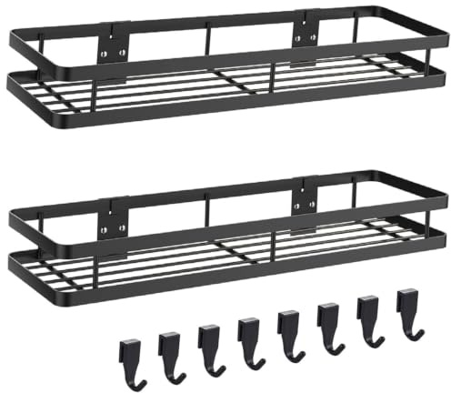 Xylota Gewürzregal ohne Bohren 2 Etagen – Küchenregal Wand aus Metall mit 10 abnehmbaren Haken, 35x12x5,7 cm Schwarz, multifunktionale Duschablage für Badezimmer & Balkon
