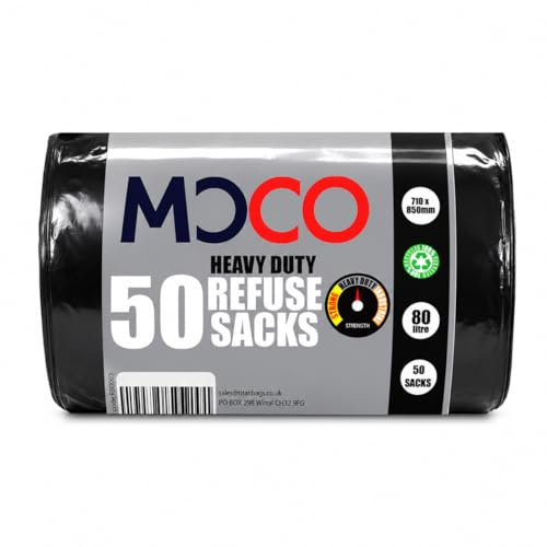 MOCO TITAN Heavy Duty Refuse Sacks 80L – Extra Strong Black Bin Bags, Tear Resistant Garbage & Waste Bags, Large Rubbish Sacks for Home, Kitchen, Garden, Office and Commercial Use (1 Roll)