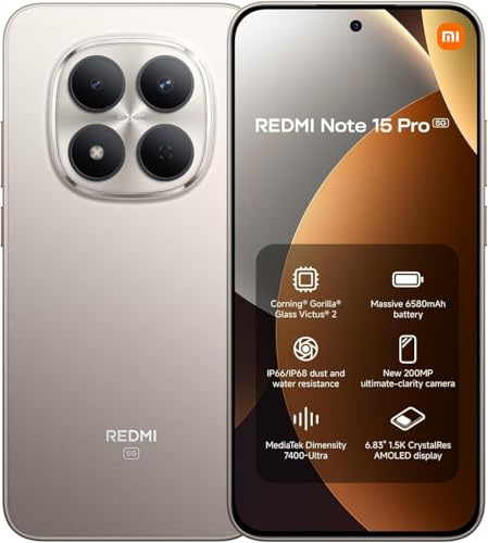 XIAOMI Smartphone Redmi Note 15 Pro 5G NFC, 12 + 512 GB, Titanio, IP68, Pantalla AMOLED, Android 15, cámara 200 MP, 120 Hz, batería 6580 mAh