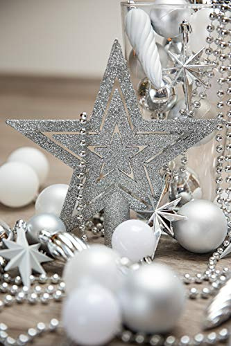 Heitmann Deco Christbaumschmuck Set 50-teilig mit Baumspitze – Weihnachtskugeln in Weiß & Silber – Bruchsicherer Kunststoff Weihnachtsschmuck zum Aufhängen