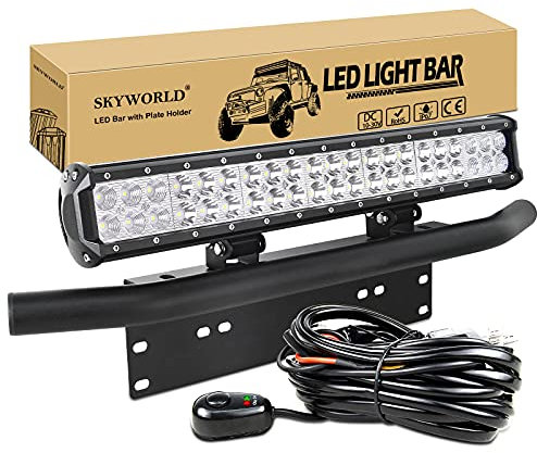 SKYWORLD LED-Lichtleiste, 20 -Punktscheinwerfer mit 126 W, kombinierter Strahlführung und schwarzem Kennzeichenhalter Kabelbaumsatz für LKW-PKW-ATV-SUV-4x4-LKW-Boot
