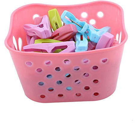 FABSELLER Pinzas para ropa con cesta de almacenamiento, 30 piezas a prueba de viento, pinzas de plástico para ropa, pinzas de lavandería, resistentes al viento, color rosa