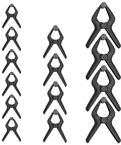 Amazon Basics 14 Stück, Nylon-Federklemmen, 6 Stück 8,57 cm, 4 Stück 11,43 cm, 4 Stück 16,51 cm, Schwarz Grau
