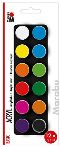 Marabu 1210000000206 - Einsteigerset Acrylfarben Basic, 12 Farben in 3,5 ml Näpfchen, auf Wasserbasis, wasserfest und lichtbeständig, schnelltrocknend für Keilrahmen, Papier, Pappe, Holz