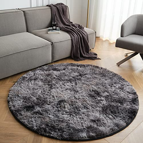 CHOSHOME Teppich Rund Batik Flauschig Wohnzimmer Hochflor Waschbar Runder Teppich Runde Wohnzimmer Shaggy Modern Weich Groß rutschfest 120CM, Dunkelgrau/Schwarz