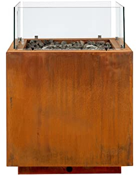 intergrill Gasfeuerstelle Fire Pit | 60 x 60 x 81,5 cm | Feuertisch Feuerschale für Garten Lavasteine Glas | Patinierter Cortenstahl | Mediterranlook