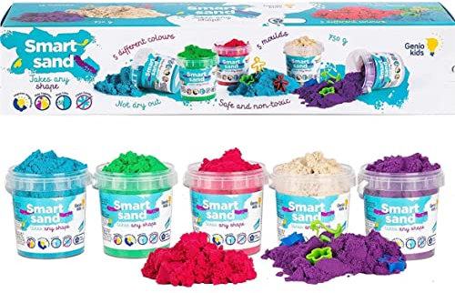 Genio Kids Magic Sand 750g Zaubersand - 5 Farben Bunter Sand Set, 5 Sandknete Zubehör - Spielsand für drinnen, Magischer Knetsand geschenke für Kinder, Mädchen und Jungen (Classic)