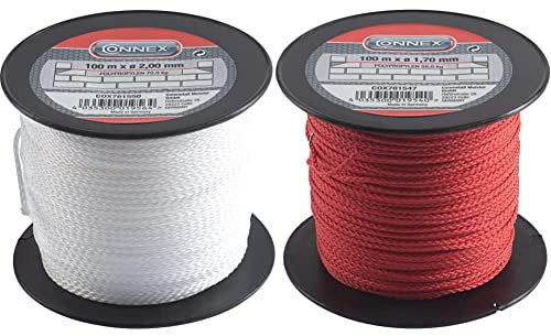 Connex COX781550 -Cordón Trenzado de propileno, 100 m x diámetro 2 mm + Cordel guía de albañil (1,7 mm, 100 m, Peso soportado 60 kg máx.), Color Rojo