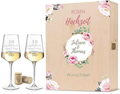 Leonardo Weingläser mit Gravur - Rosenhochzeit Design - Personalisiert mit Namen & Datum inkl. Holzkiste - Geschenk zur Hochzeit Verlobung Jahrestag Farbe Große Kiste UV