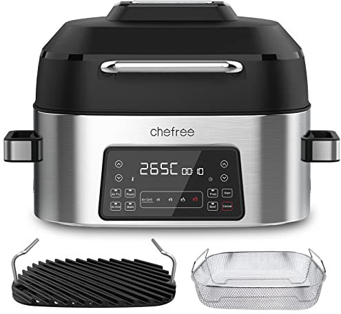CHEFREE Health Grill and Air Fryer, 6L Large Capacity, 6-in-1 Smart XL Multicooker, Griddle, Roast, Bake & Broil and More, Smokeless, Oiless, Dishwasher Safe, Black/Grey, AFG01