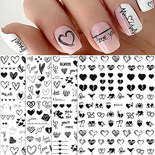 Nagelsticker Selbstklebend, Valentinstag Nagel Aufkleber Schwarzen Herzens Nail Art Sticker 3D Schwarz Nagelaufkleber DIY Maniküre Dekoration(4Blatt)